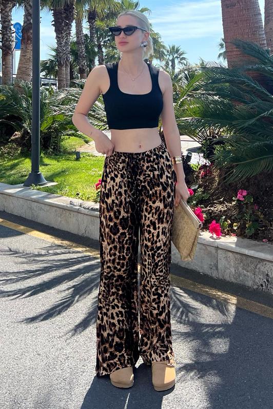 MDX Brown Adjustable Waist Leopard Print Wide Leg Pants MG2095 - Mount Prospect
