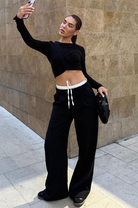 MDX Siyah Çift Bel Bantlı Wide Leg Kadın Pantolon MG2551 - Loveland