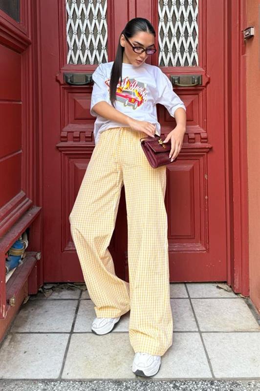 MDX Open Yellow Checkered Wide Leg Women's Pants Mg2335 - Framingham