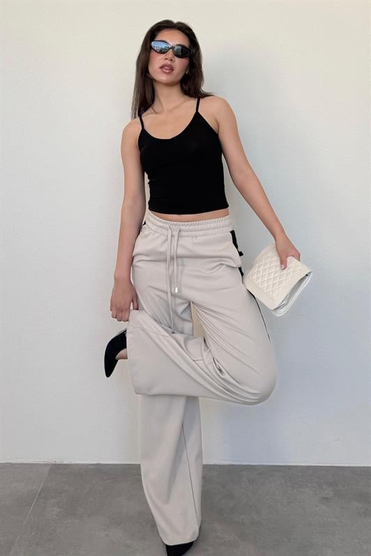 MDX Beige Striped Detailed Wide Leg Women's Trousers MG2441 - Kawartha Lakes