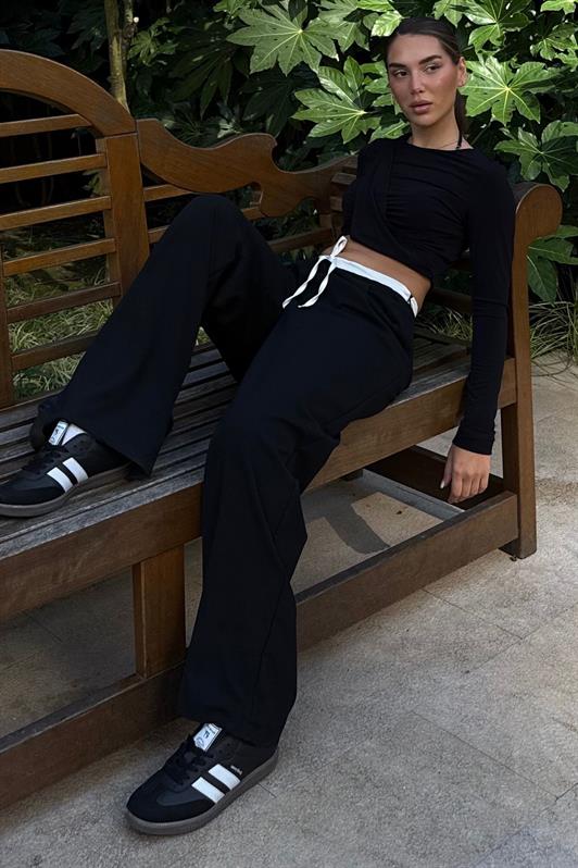 MDX Siyah Çift Bel Bantlı Wide Leg Kadın Pantolon MG2551 - Loveland