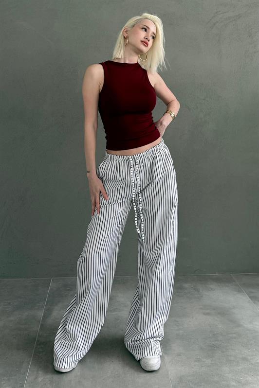 MDX White Adjustable Striped Pocketed Wide Leg Women's Pants Mg2312 - Tudela