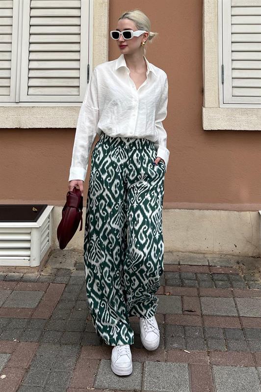MDX Green Patterned High Waist Elastic Wide Leg Pants MG2051 - Matera