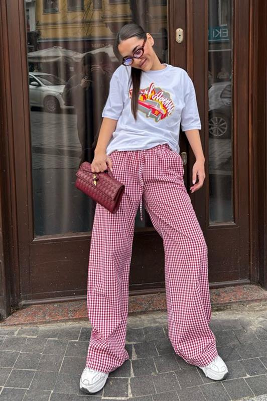 MDX Burgundy High Waist Adjustable Plaid Wide Leg Women's Pants Mg2335 - Harlingen
