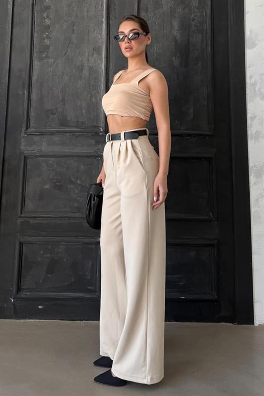 MDX Open Beige Double Pleated Belted Trousers Mg2330 - Nuneaton
