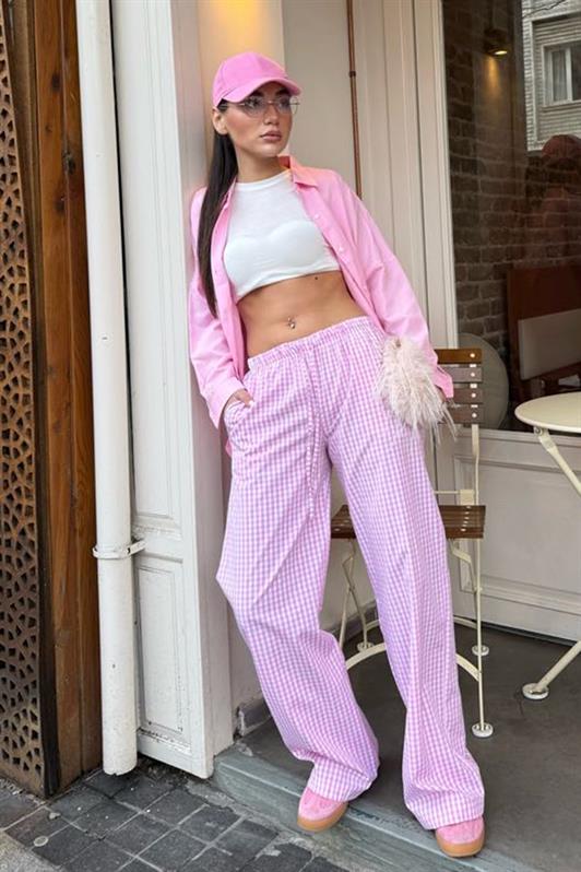 MDX Pink Adjustable Checkered Wide Leg Women's Pants Mg2335 - Kerkrade