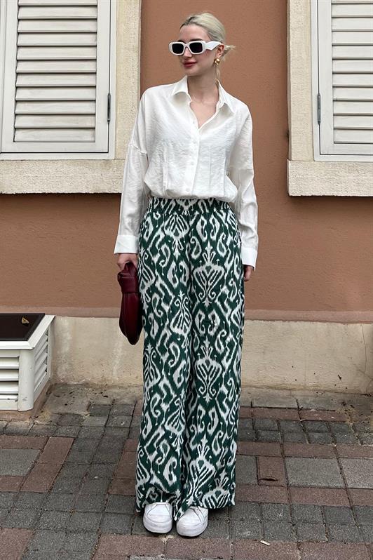MDX Green Patterned High Waist Elastic Wide Leg Pants MG2051 - Matera