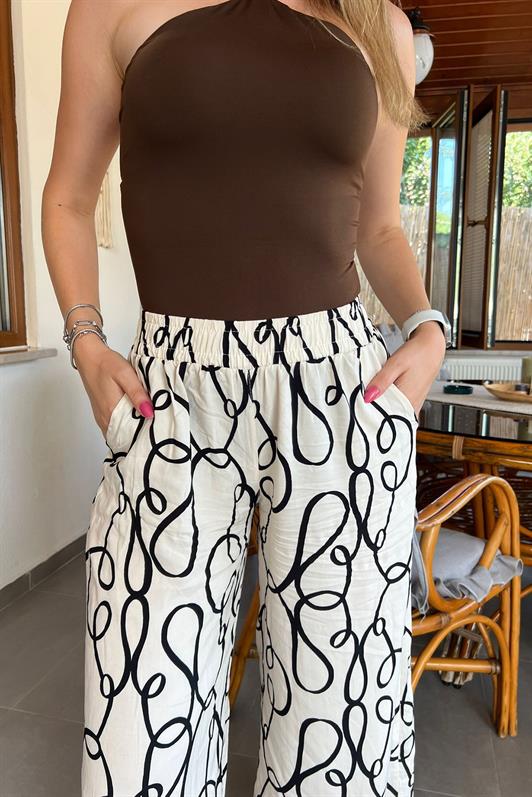 MDX Ecru Patterned High Waist Elastic Wide Leg Pants MG2051 - Sabadell