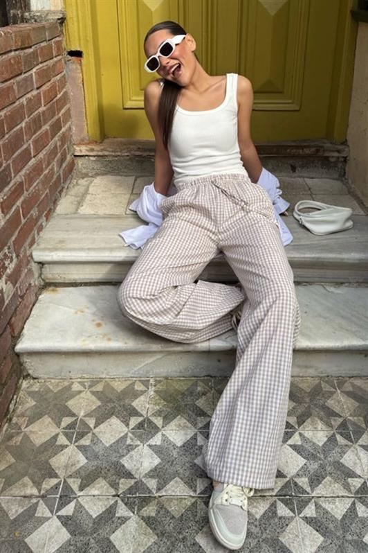 MDX Beige Adjustable Checkered Wide Leg Women's Pants Mg2335 - Makiivka