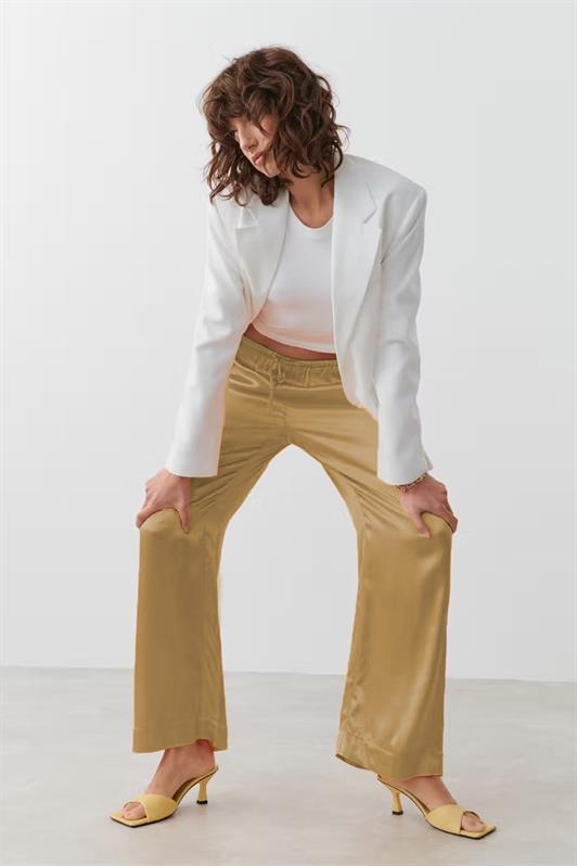 MDX Beige Pleated Satin Wide Leg Women's Pants MG2019 - Pharr