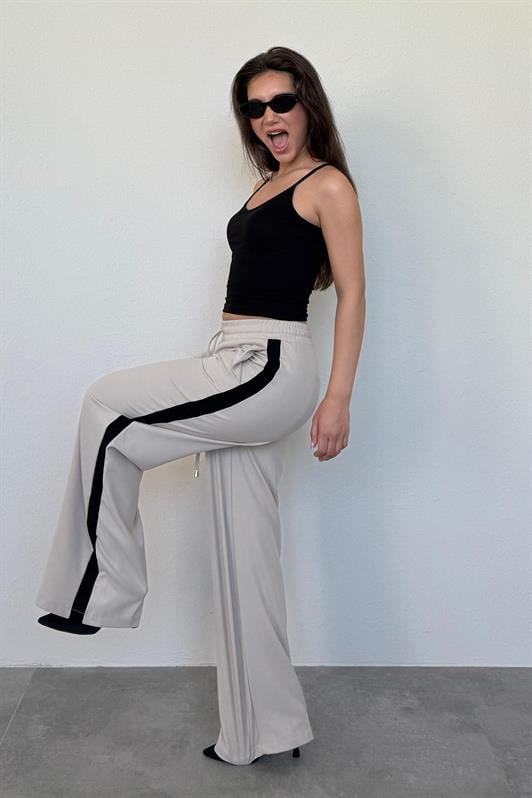 MDX Beige Striped Detailed Wide Leg Women's Trousers MG2441 - Kawartha Lakes