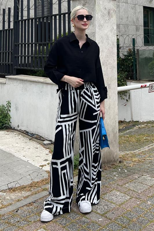 MDX Black Patterned High Waist Elastic Wide Leg Pants MG2051 - Bila Tserkva