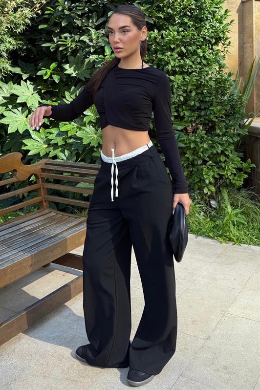MDX Siyah Çift Bel Bantlı Wide Leg Kadın Pantolon MG2551 - Loveland