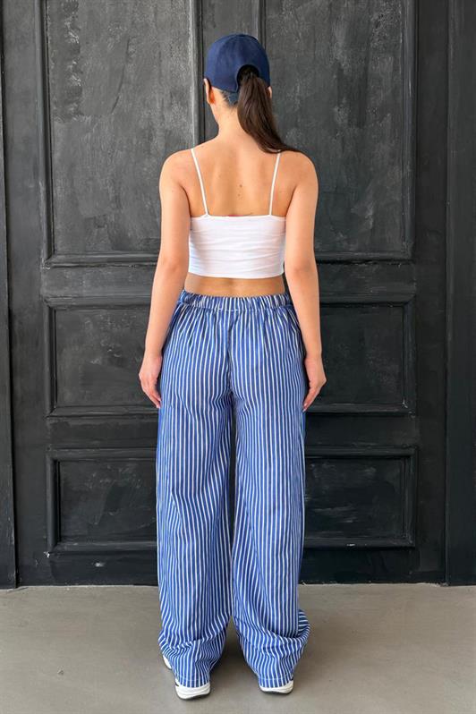 MDX Navy Blue Adjustable Striped Pocketed Wide Leg Women's Pants Mg2312 - Halifax