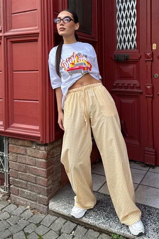 MDX Yellow Adjustable Checkered Wide Leg Women's Pants Mg2335 - Tienen