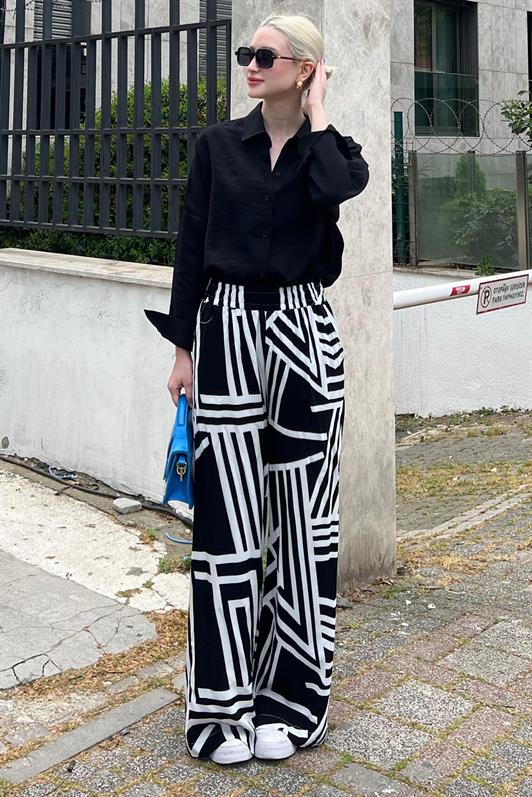MDX Black Patterned High Waist Elastic Wide Leg Pants MG2051 - Bila Tserkva