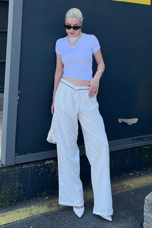 MDX Ecru Belt Detailed Wide Leg Pants MG1834 - Pinto