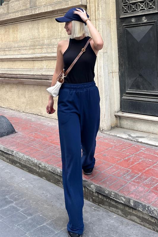 MDX Navy Blue High Waisted Elastic Waist Flared Knit Pants MG2211 - Warren
