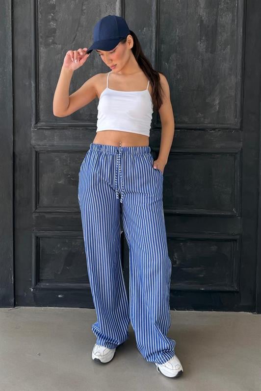 MDX Navy Blue Adjustable Striped Pocketed Wide Leg Women's Pants Mg2312 - Halifax