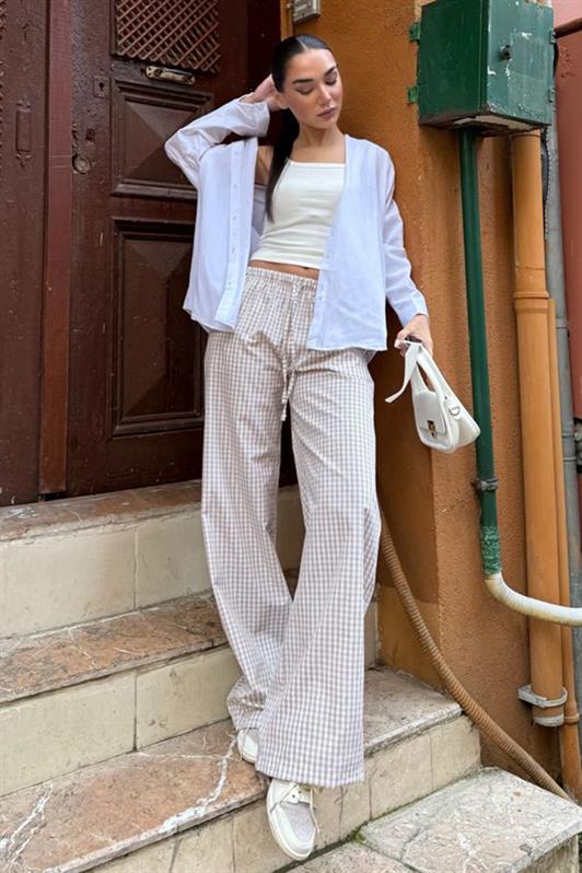 MDX Beige Adjustable Checkered Wide Leg Women's Pants Mg2335 - Makiivka