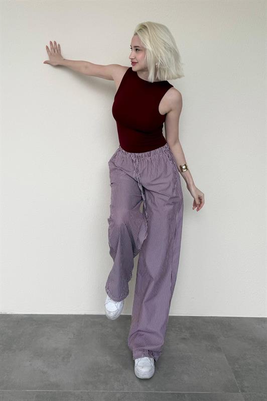 MDX Burgundy High Waist Adjustable Wide Leg Striped Trousers MG2087 - Playas de Rosarito