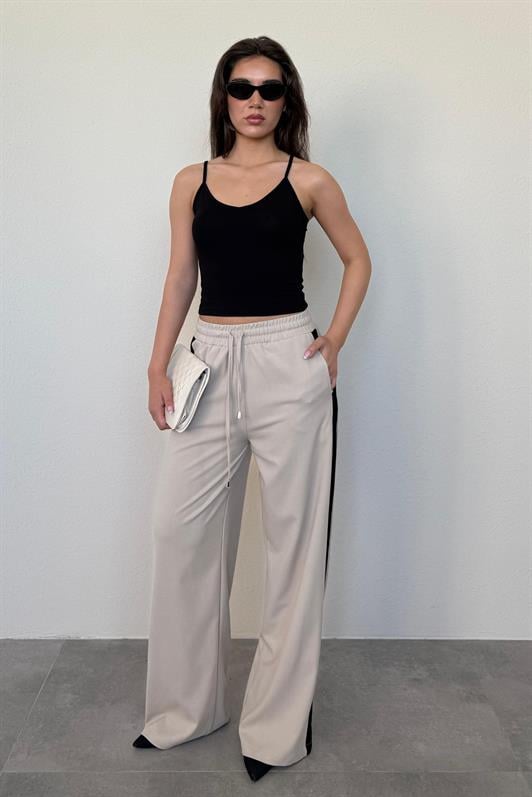 MDX Beige Striped Detailed Wide Leg Women's Trousers MG2441 - Kawartha Lakes