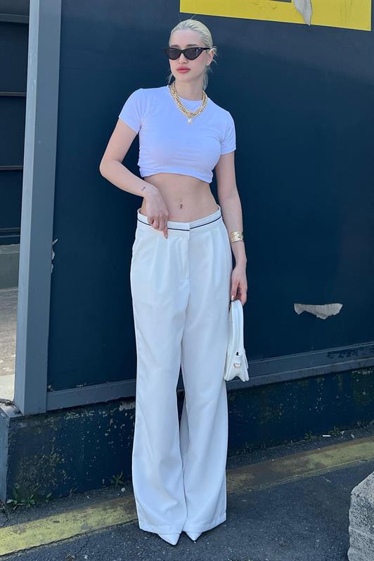 MDX Ecru Belt Detailed Wide Leg Pants MG1834 - Pinto