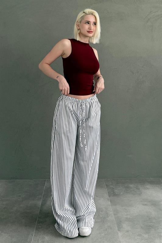 MDX White Adjustable Striped Pocketed Wide Leg Women's Pants Mg2312 - Tudela