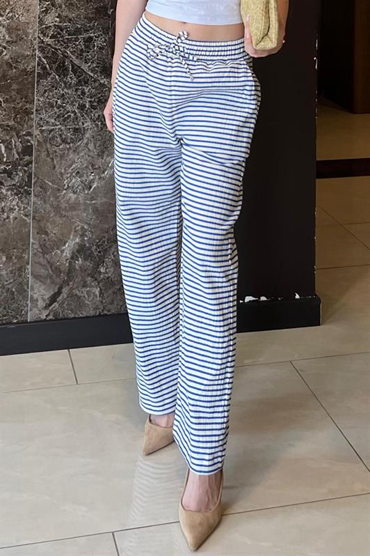 MDX Blue Adjustable Waist Cotton Wide Leg Striped Trousers MG2133 - Ormond Beach