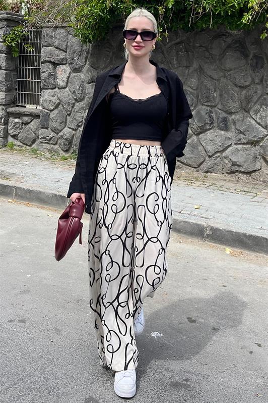 MDX Ecru Patterned High Waist Elastic Wide Leg Pants MG2051 - Sabadell