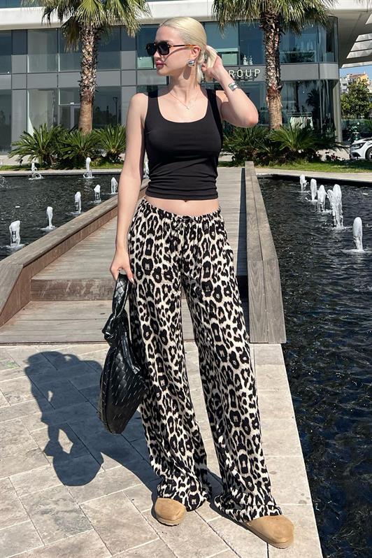 MDX Cream Adjustable Waist Leopard Print Wide Leg Pants MG2095 - Plano