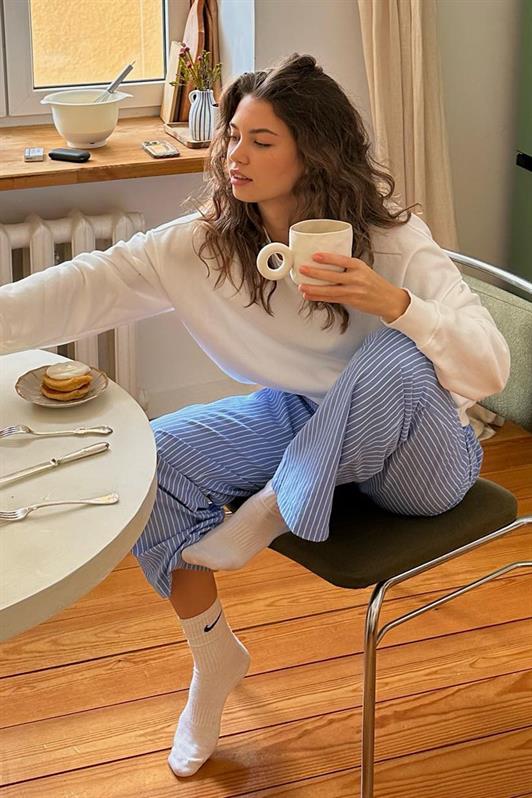 MDX Blue High Waist Adjustable Wide Leg Striped Trousers MG2087 - Palmdale