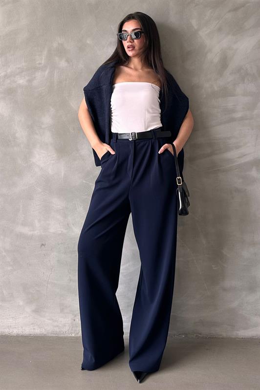 MDX Navy Blue Double Pleated Belted Trousers Mg2330 - Friedrichshafen