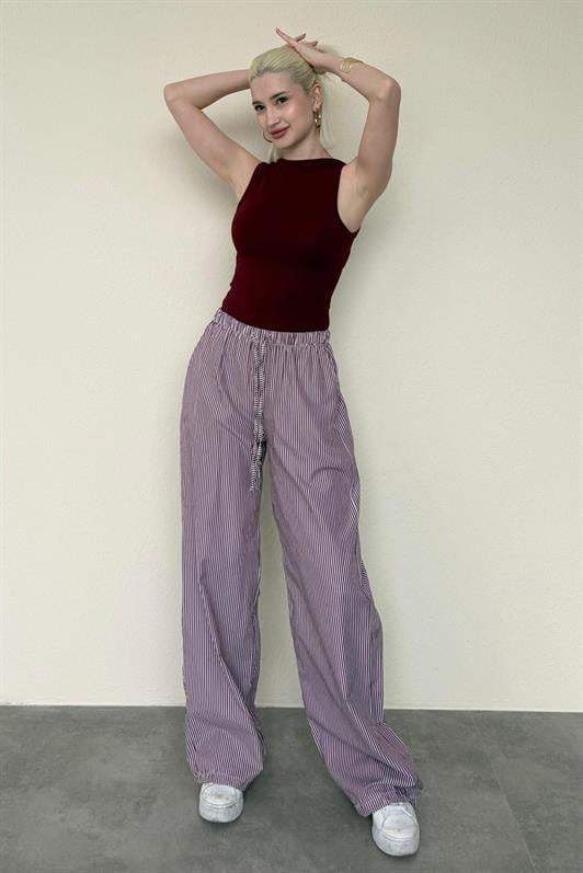 MDX Burgundy High Waist Adjustable Wide Leg Striped Trousers MG2087 - Playas de Rosarito