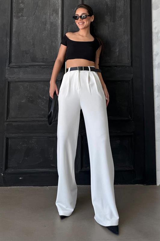 MDX White Double Pleated Belted Trousers Mg2330 - Alfortville
