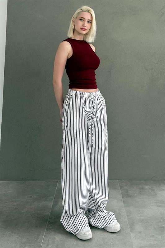 MDX White Adjustable Striped Pocketed Wide Leg Women's Pants Mg2312 - Tudela