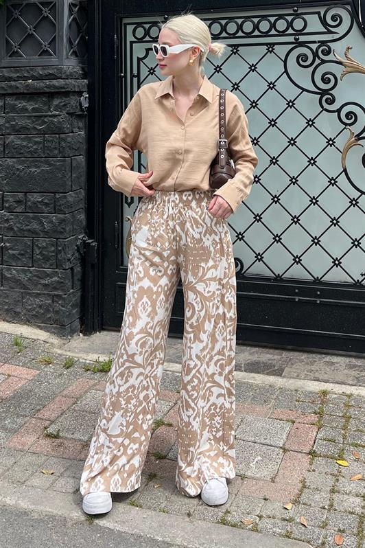 MDX MG2051 Wide Leg Pants with Elasticated Waist in Mink Pattern - Ciudad de Huajuapam de León