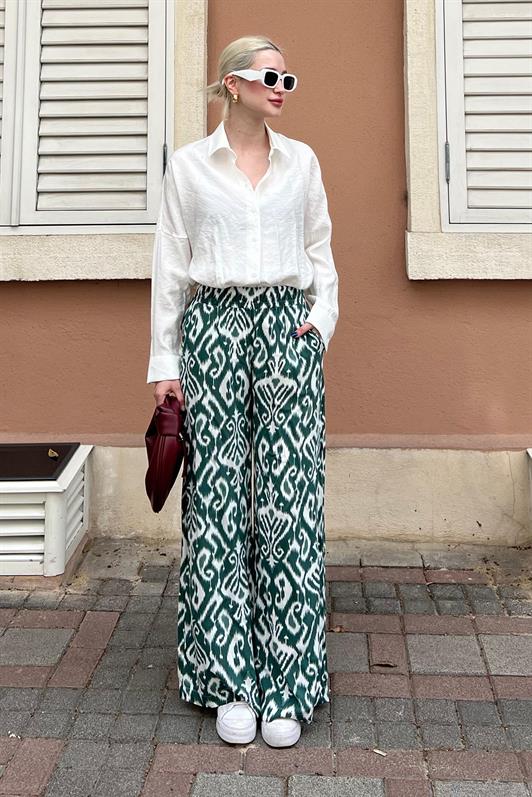 MDX Green Patterned High Waist Elastic Wide Leg Pants MG2051 - Matera
