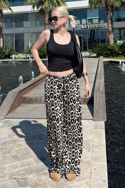 MDX Cream Adjustable Waist Leopard Print Wide Leg Pants MG2095 - Plano