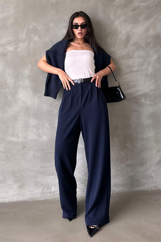 MDX Navy Blue Double Pleated Belted Trousers Mg2330 - Friedrichshafen