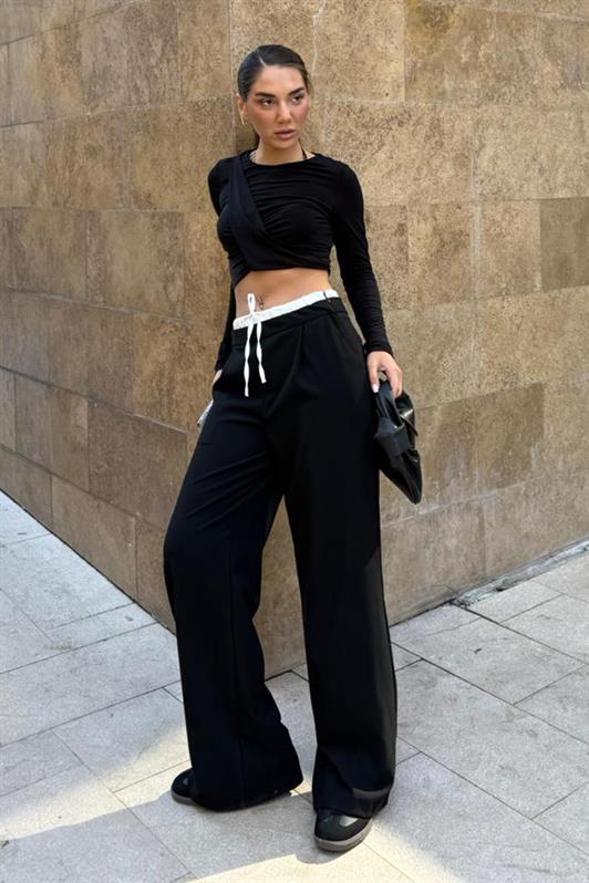 MDX Siyah Çift Bel Bantlı Wide Leg Kadın Pantolon MG2551 - Loveland