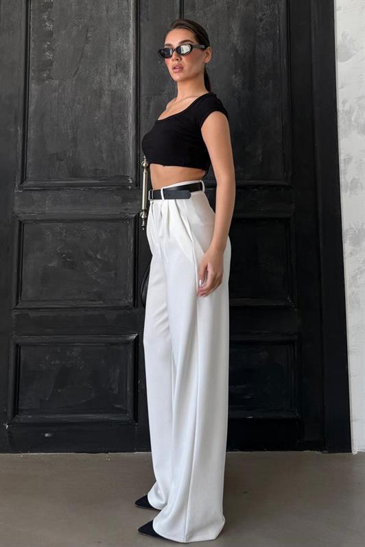 MDX White Double Pleated Belted Trousers Mg2330 - Alfortville