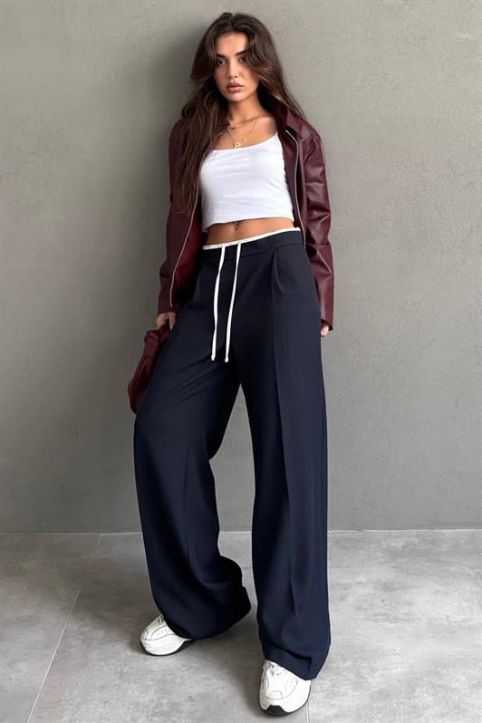 MDX Navy Blue Double Waistband Wide Leg Women's Pants MG2551 - Elizabeth