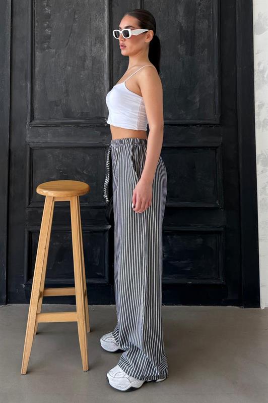 MDX Black High Waisted Striped Pocket Wide Leg Women's Pants Mg2312 - Zamora