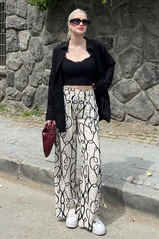 MDX Ecru Patterned High Waist Elastic Wide Leg Pants MG2051 - Sabadell