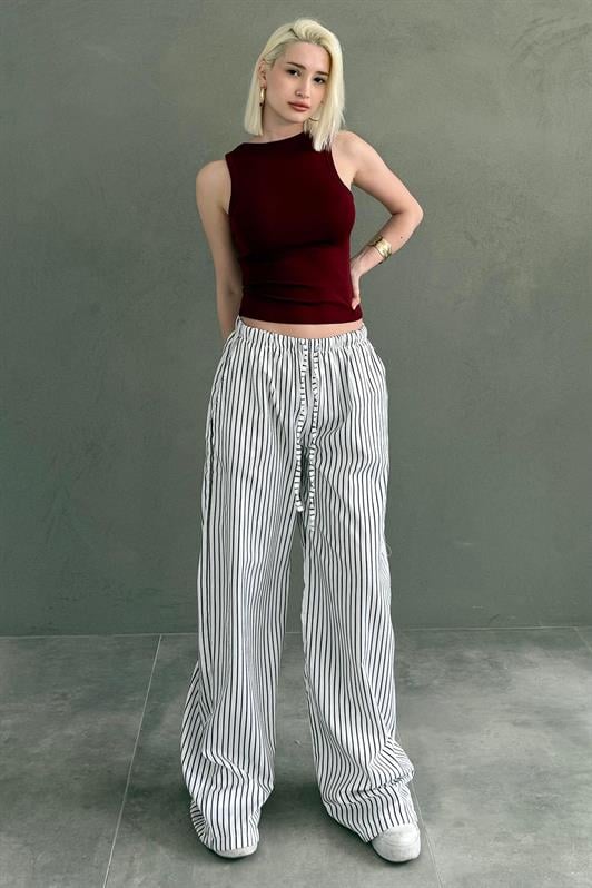 MDX White Adjustable Striped Pocketed Wide Leg Women's Pants Mg2312 - Tudela