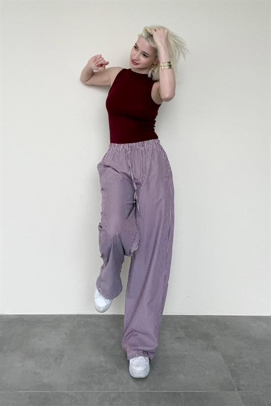 MDX Burgundy High Waist Adjustable Wide Leg Striped Trousers MG2087 - Playas de Rosarito