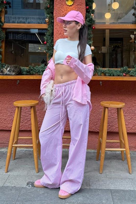 MDX Pink Adjustable Checkered Wide Leg Women's Pants Mg2335 - Kerkrade