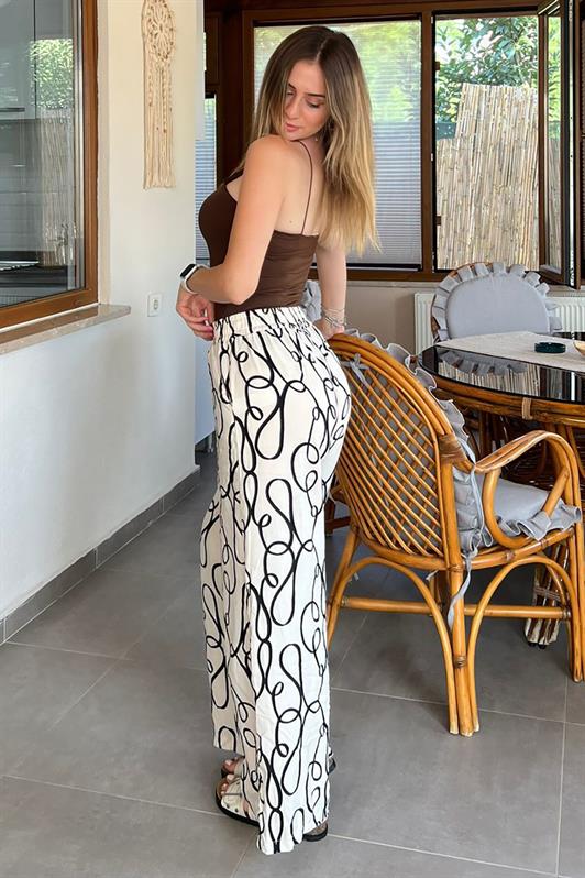 MDX Ecru Patterned High Waist Elastic Wide Leg Pants MG2051 - Sabadell