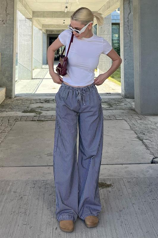 MDX Black High Waisted Adjustable Wide Leg Striped Trousers MG2087 - Gravesend